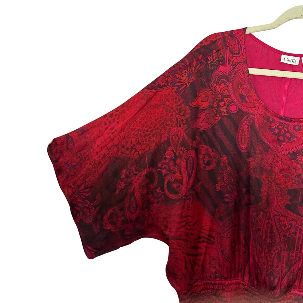 Cato Poncho Blouse Womens XL Red Black Paisley Floral Elastic Waist Bohemian - Picture 5 of 7